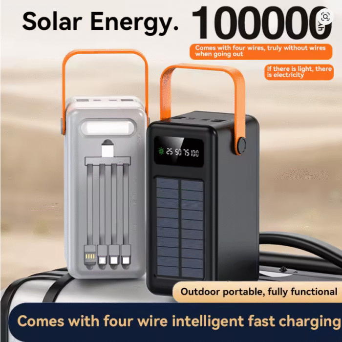 100000mAh Solar Power Bank – Fast Charging with Built-in Cables & LED Light - Image 5