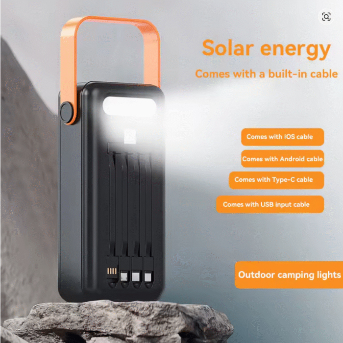 100000mAh Solar Power Bank – Fast Charging with Built-in Cables & LED Light - Image 3