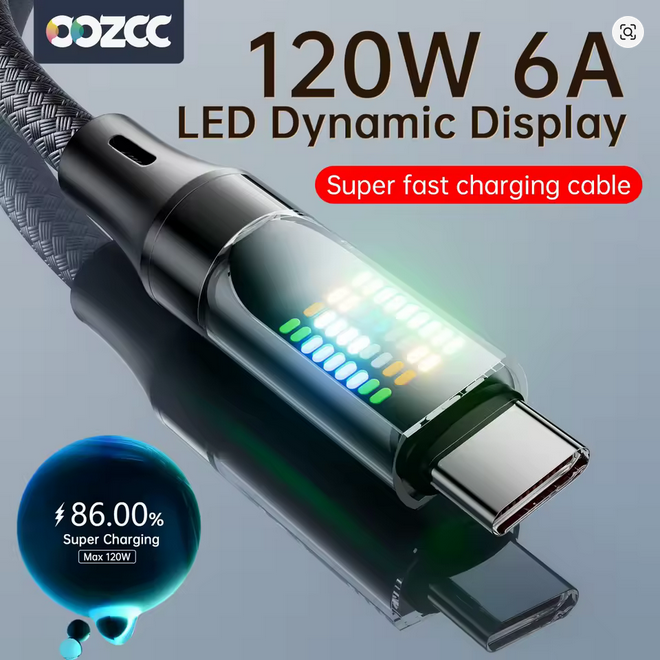 OOZCC 120W Type C Fast Charging Cable 6A USB-A to USB-C Nylon Data Cord with LED Display for Xiaomi, Samsung & More - Image 8